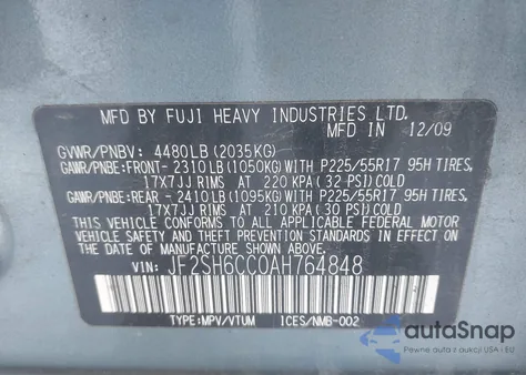 2010 Subaru Forester 2.5X Premium z USA, uszkodzony, nr VIN JF2SH6CC0AH764848